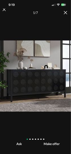 Modern Storage Buffet Cabinet with Unique Geometric Circle Door Design, Solid Wood Sideboard with Adjustable Shelves, Black