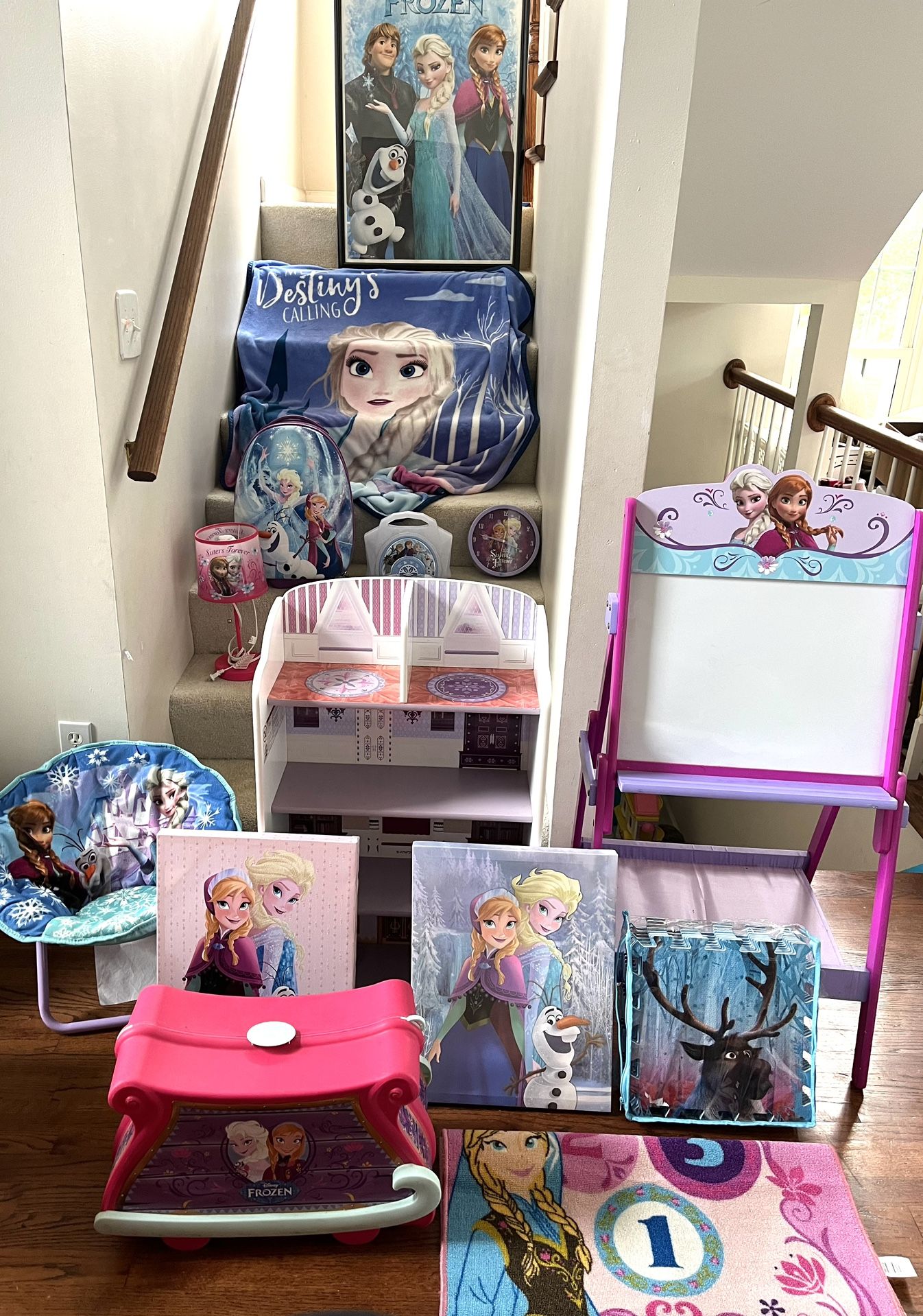 Huge Lot Of Disney Frozen Room Decor, Lamp, Clock, Wall Art, Book Shelf, Easel, Ride-On, Recorder & More! ($155 For All)