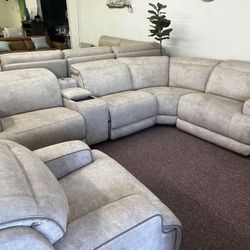 Furniture- 5 Pc High Performance Fabric Sectional With 3 Power Recliners- Sebaston 