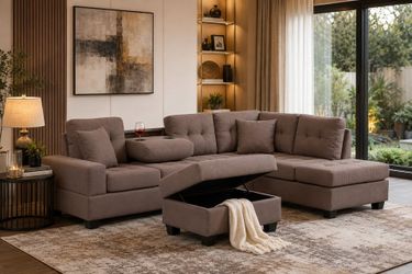 Dark Brown Sectional Sofa Reversible Chaise Ottoman Storage Cup Holders Couch Sillon