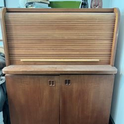 danish mid century teak roll top secretary desk