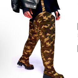 Size 8 1/2: Azalea Wang PopOut Rhinestone Camo Chap Flat ThighHigh Boot