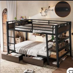 Full Size Metal Bunk Bed Frame with Storage Shelves & Drawers, LED Light