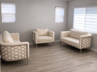 Cream suede Sofa Set with Honeycomb Metal Frame
