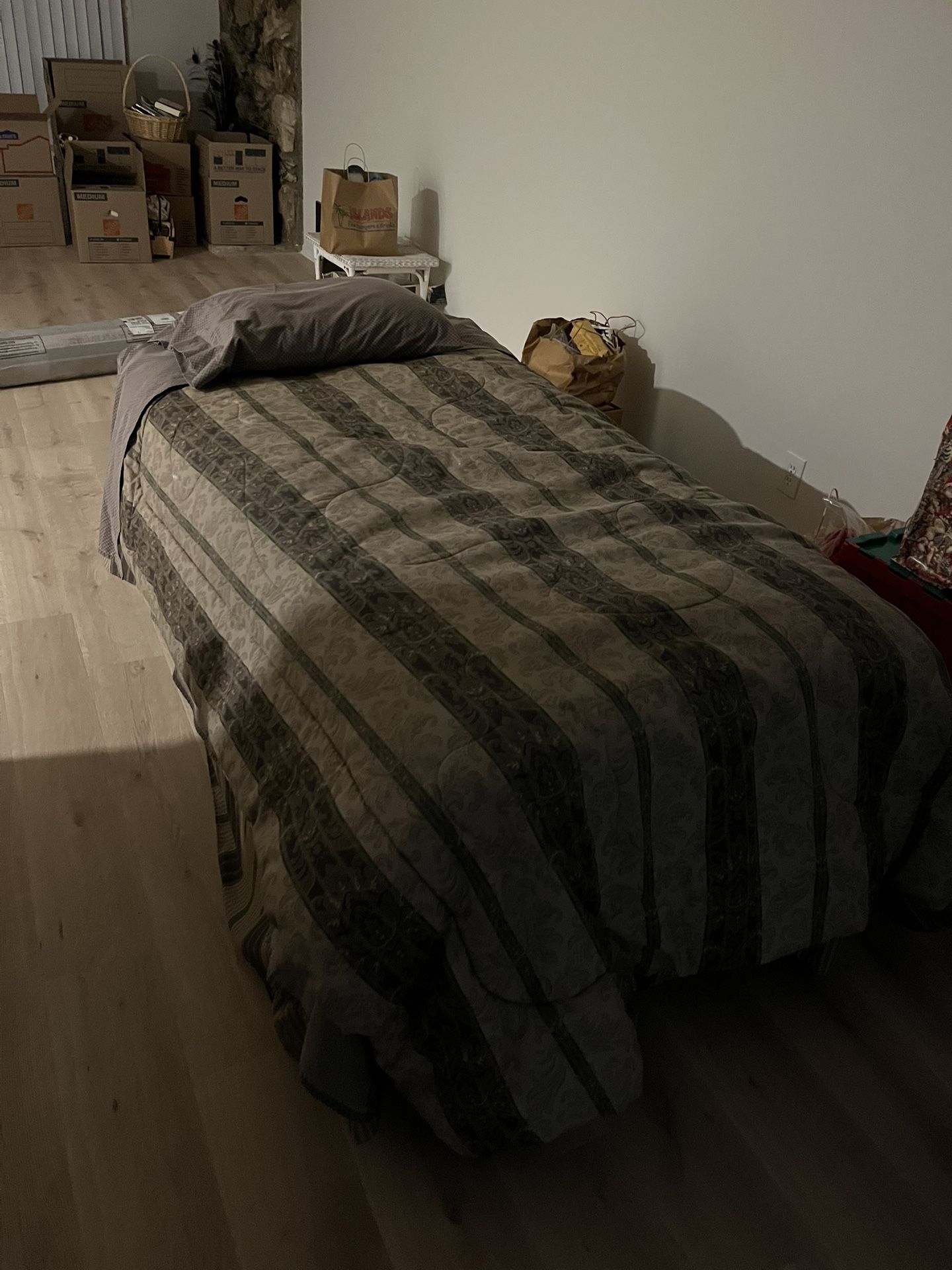 New twin mattress, bed frame, and vintage bedding