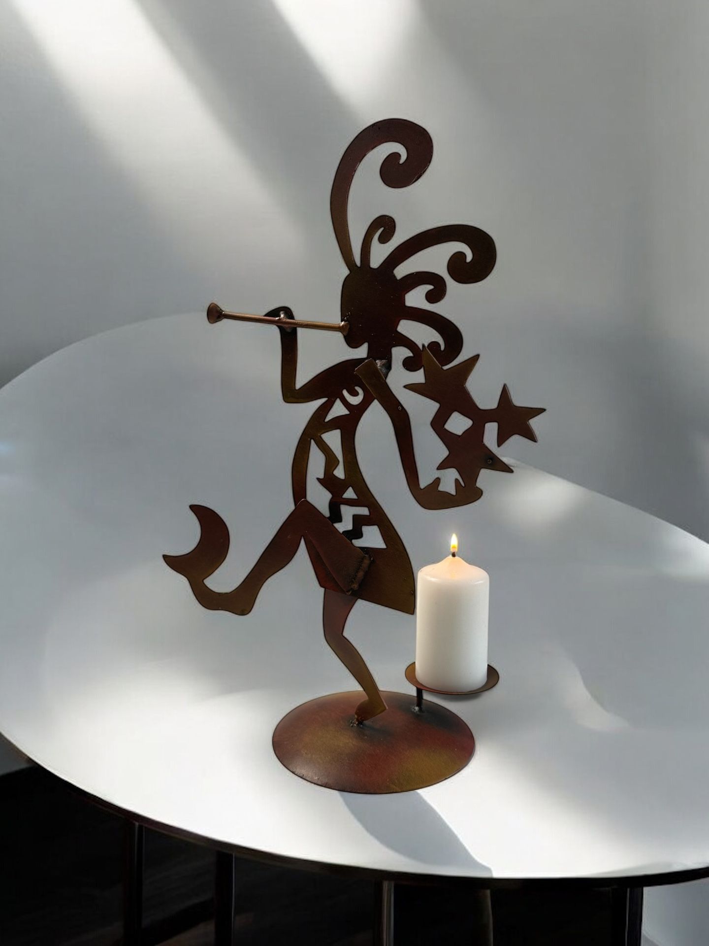 Vintage 17.5” Metal Kokopelli Candle Holder. Made in Mexico