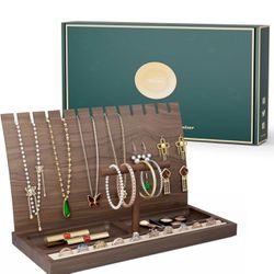 Wooden Jewelry Organizer, Jewelry Display Stand Necklace Holder for 12 Necklaces, Earring Display Stand with 42 Holes, Wooden T-Bar Bracelets Holder O