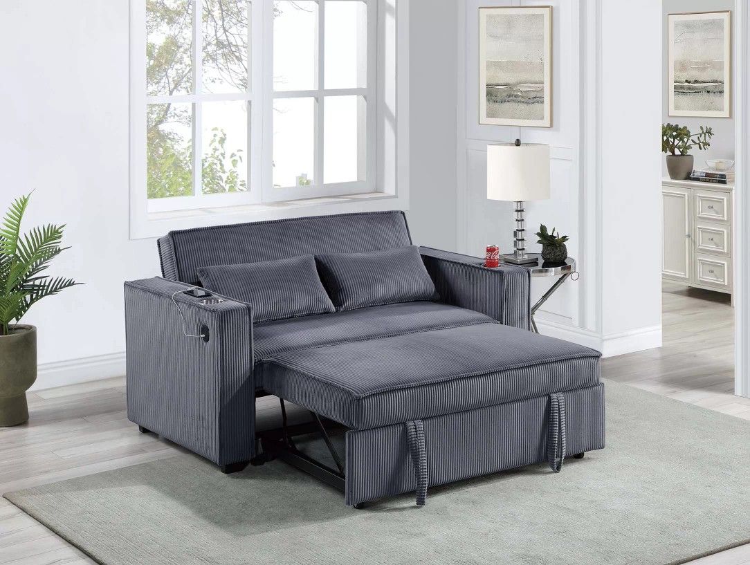 Brand New Grey Corduroy Convertible Sofa Sleeper