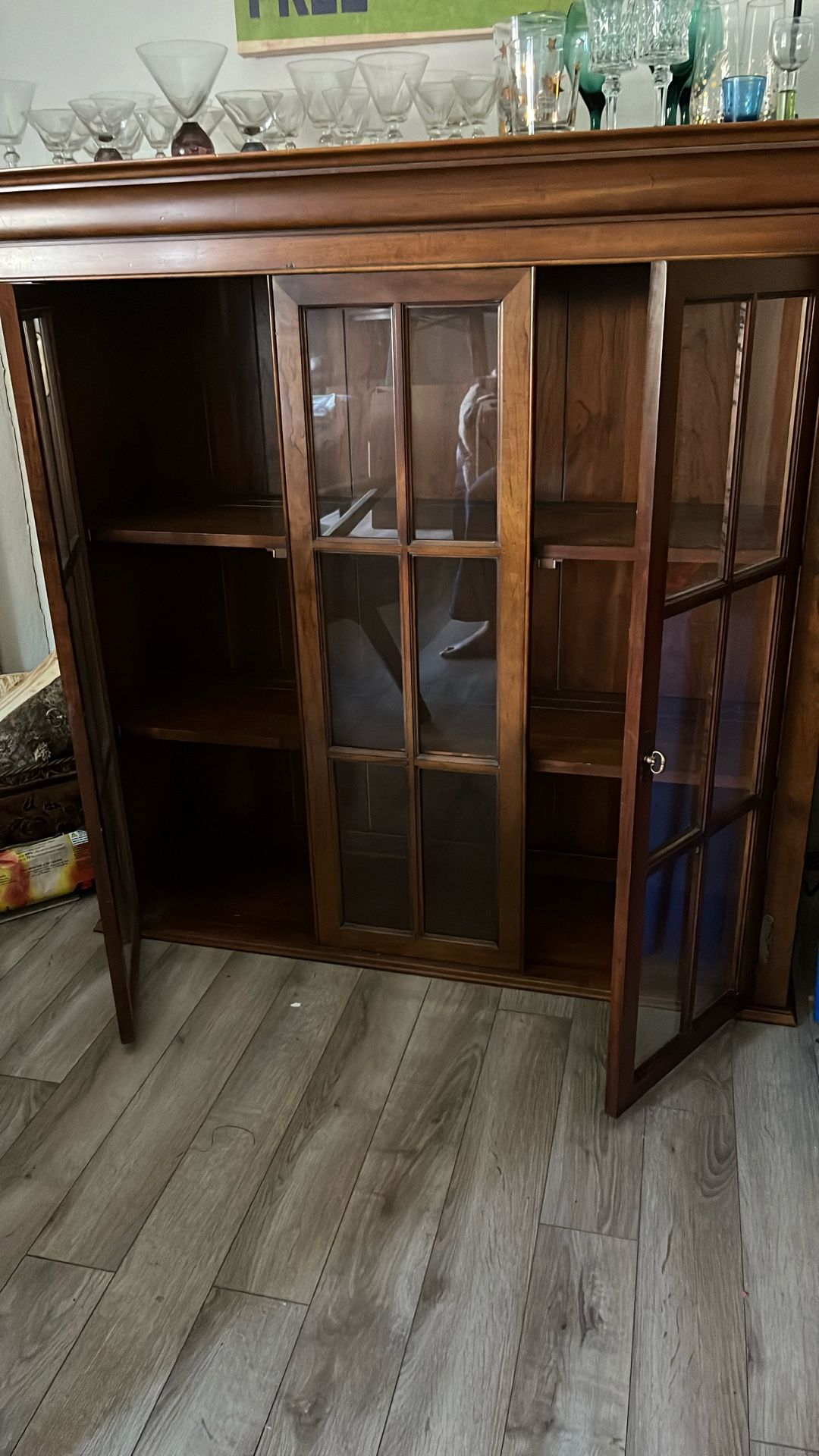 Wood Cabinet, Top Of A Hutch, Three Shelves. Glass Doors