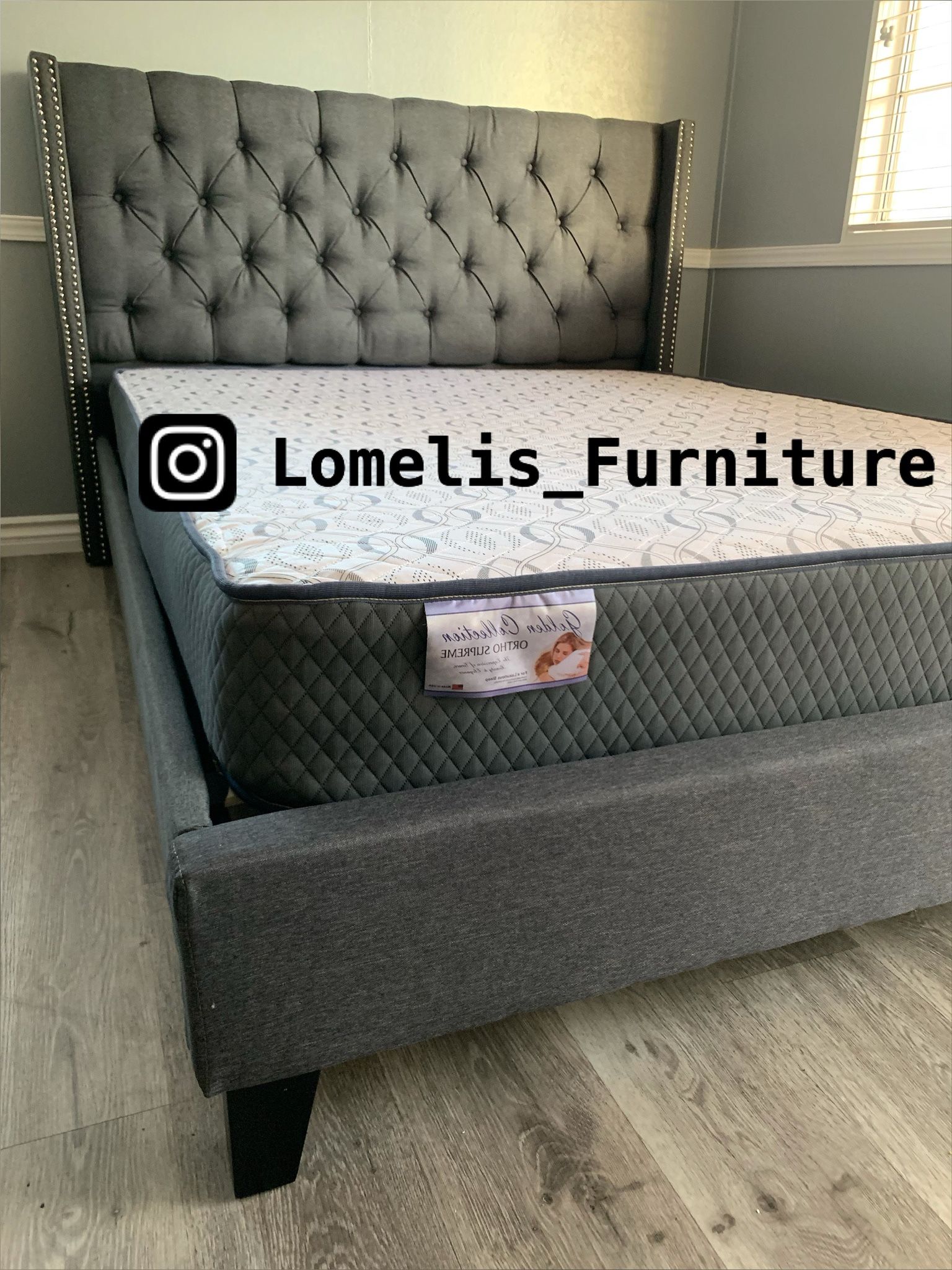 QueeN Gray Wingback Button Tufted Bed w. orthopedic Mattress included