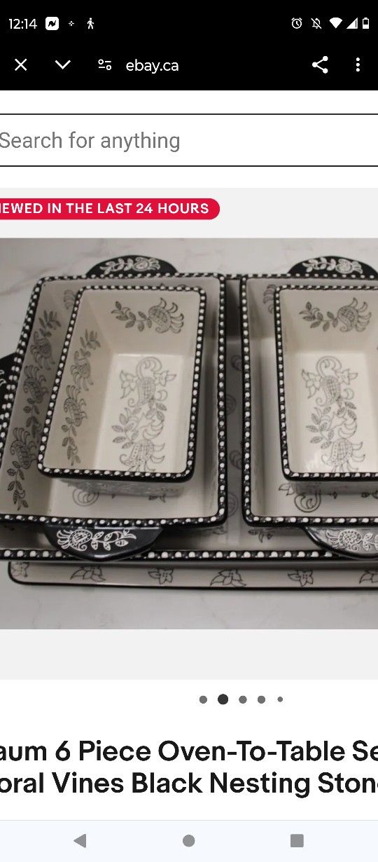 Baum 6 Piece Oven-To-Table Serve Set Floral Vines Black Nesting Stoneware