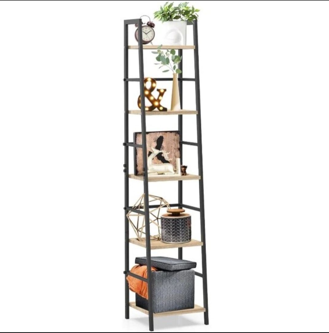 5-Tier Ladder Shelf Bookcase, Rustic Standing Shelf Storage Organizer, Wood and Metal Bookshelf for Home