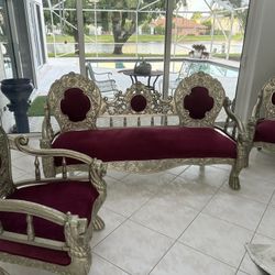 3 Piece Victorian Set. Gray Silver Metal Over Carved Wood. Lion Panther Heads. 75” Sofa & 2 Throne Armchair Chairs.  $1,500 Not Negotiable. Great Set!