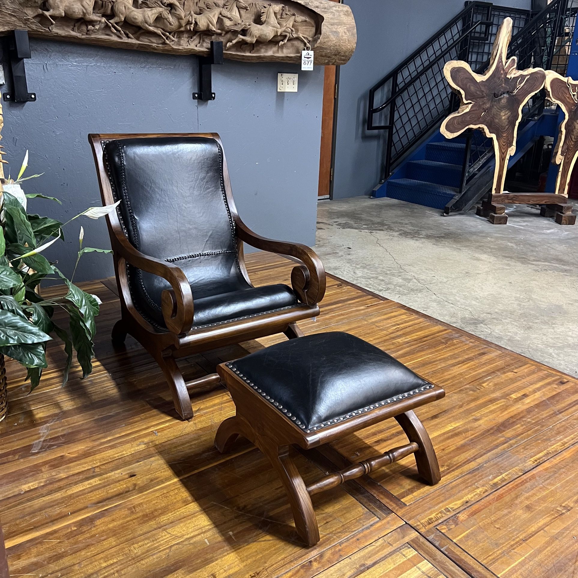 Black Leather And Mahogany Lazy Chair w Ottoman