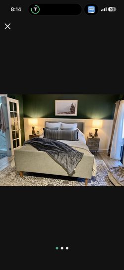 West Elm Queen Bedframe, Grey Upholstered