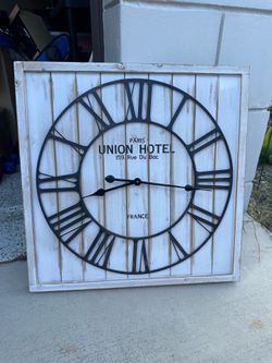 American Art Decor Union Hotel Square White Wood and Metal Wall Clock