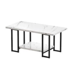 Modern 39 in. White Rectangle Faux Marble Coffee Table with Steel Frame