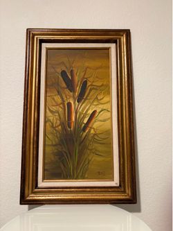 Large Original Painting Cattails Beautiful Frame