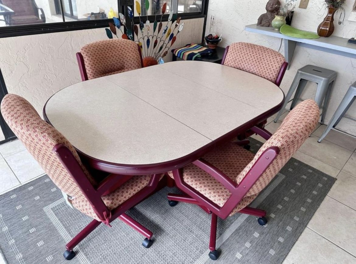 Vintage 80s Chromcraft Custom Dinette Set Table w/Leaf and four Swivel Chairs with caster wheels Postmodern.