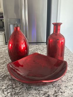 Red And Black Decorative Vases and Matching Bowl