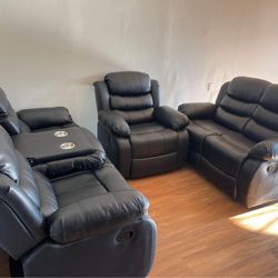 Brand New Leather Black Recliner Sofa + Loveseat + Chair