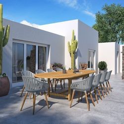 BRAND NEW Extendable Oval Deluxe Outdoor Furniture 11 Piece 100% FSC Certified Teak Wood White Grey Chair Dining Set