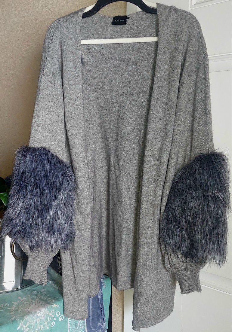 Cliche Womens  Open Cardigan Fur Sleeves Grey Size Small