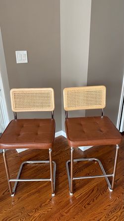 Set of 2 Modern Rattan & Brown Leather Dining Chairs – Excellent Condition
