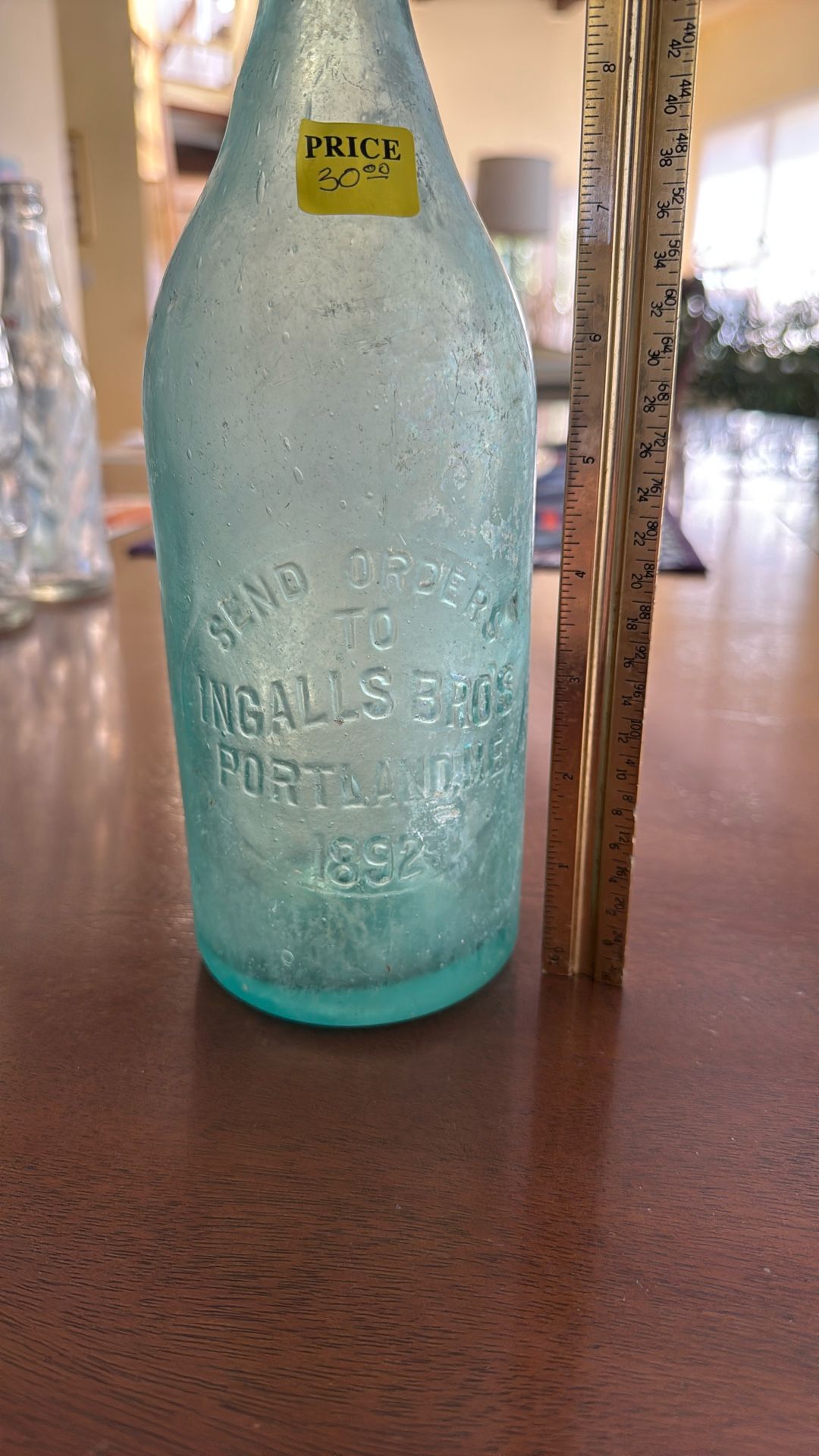 1892 Greenish Old Bottle 11 1/2” Tall