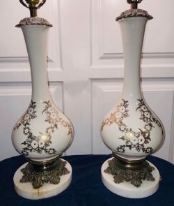 Antique lamps set of 2 gold embossed hand painted, marble