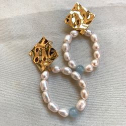 18k gold plated earrings,Pearl hoop earrings, Aquamarine Crystal