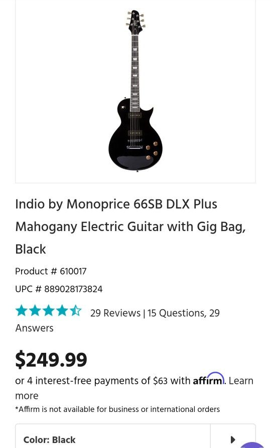 Indio by Monoprice 66SB DLX Plus Mahogany Electric Guitar with Gig Bag, BlackCustomer Reviews
66 DLX Plus Electric Guitar
Indio™ by Monoprice™
66SB