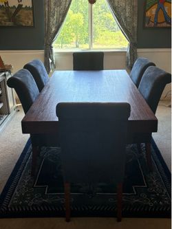Modern Dining Table Set w/ 6 Blue Upholstered Chairs – Wood + Glass Base