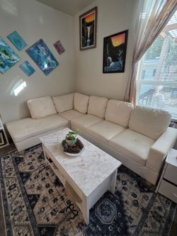 White Leather Sectional Sofa with ottoman