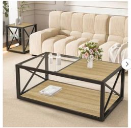 Modern Industrial Coffee Table with Tempered Glass