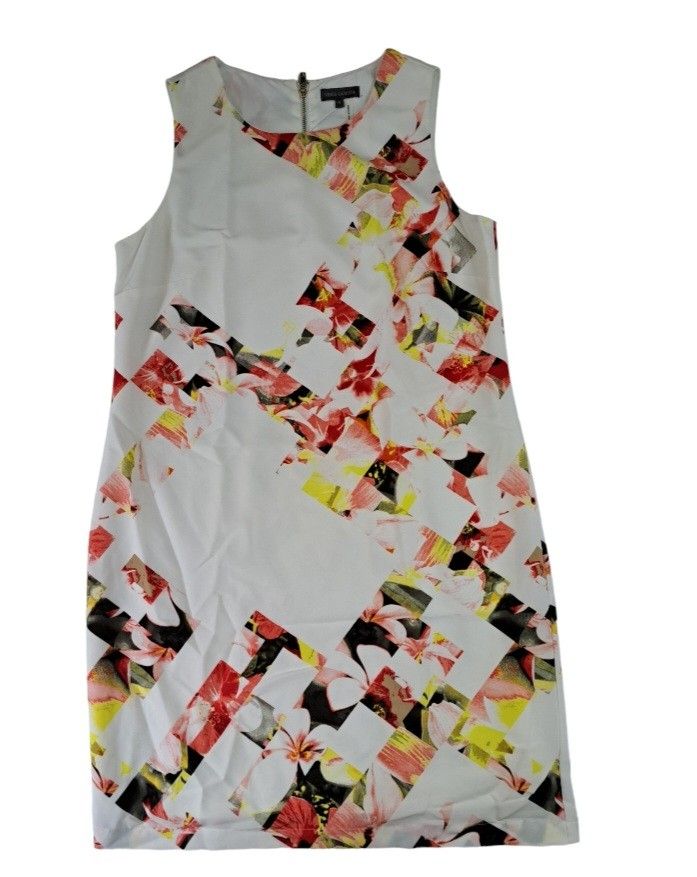 Vince Camuto Shift Knee Dress Size 4 White Hibiscus Sleeveless Lined Back Zip