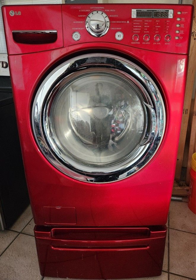 RED LG WASHER WM2487HRMA With PEDESTAL