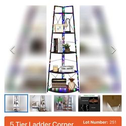 5 Tier Ladder Corner Bookshelf with Led Light, 70" Rustic