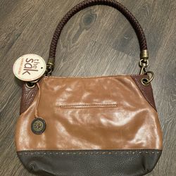 The Sak Indio Two Tone Brown Leather Shoulder Bag Woven Strap Boho New 