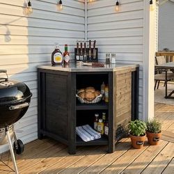 Famapy Outdoor Solid Wood Corner Cabinet with Stainless Steel Top Weather Resistant Patio Prep and Storage Station European Spruce Wood Water Based Ou