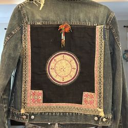 J crew Jean jacket (m) with vintage hand embroidered Vietnamese textile.