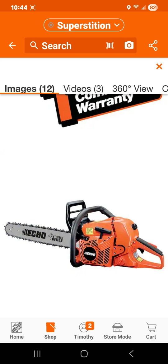 ECHO
20 in. 59.8 cc Gas 2-Stroke Rear Handle Timber Wolf Chainsaw