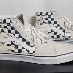 Vans SK8-Hi Flame Checkered Men's 9.5 Women's Sz 11 White Black Suede Sneakers