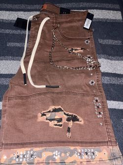 ELITE Brown Distressed Denim Shorts with Chain Size 36