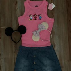 NWT Mickey Mouse Embroidered  Ribbed Top (S) & Denim Skirt (XS) +2! Sequined& Plain Head Bands 