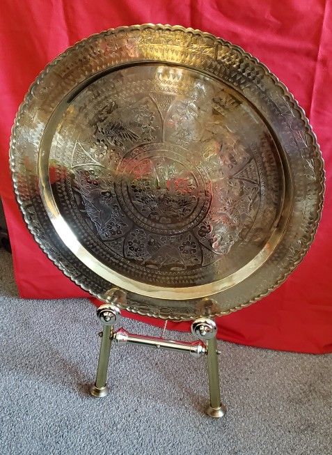 Antique Asian Round Engraved and Embossed Scalloped Edge Brass Birds and Flowers Themed 24" Serving Tray.
