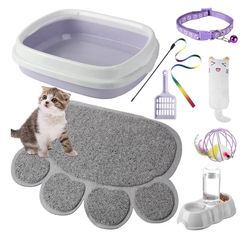 7 Pcs Small Cat Kitten Starter Kit Cat Litter Box with Shovel Paw Litter Mat Double Automatic Kitten Bowls Toy Teaser Stick Collar Essentials Kits for