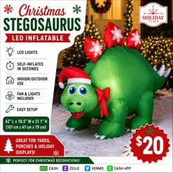 Christmas Stegosaurus Inflatable – LED Holiday Decoration
