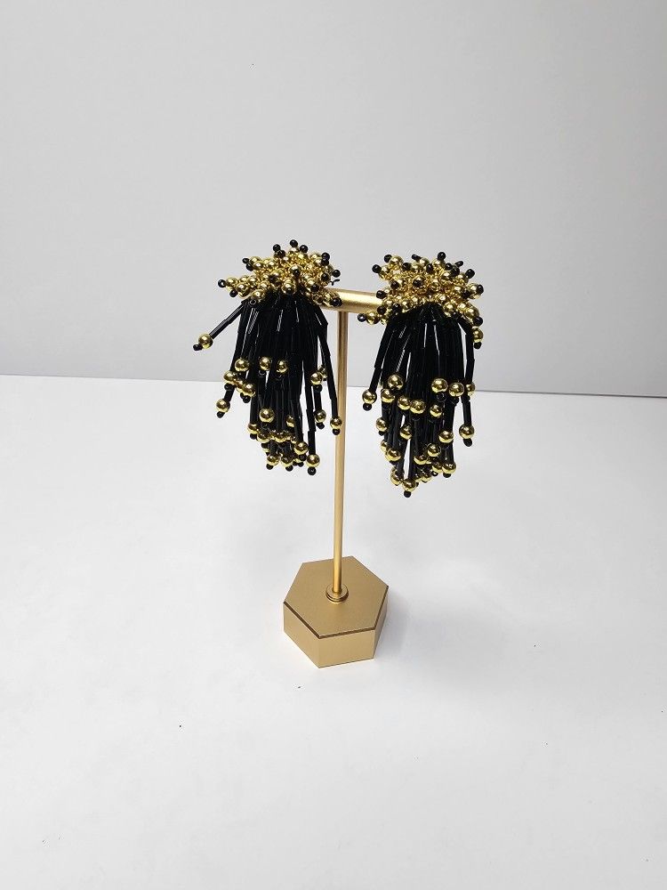 Vintage Earrings Clip On Black Sequined Fringe Tassel Gold Tone