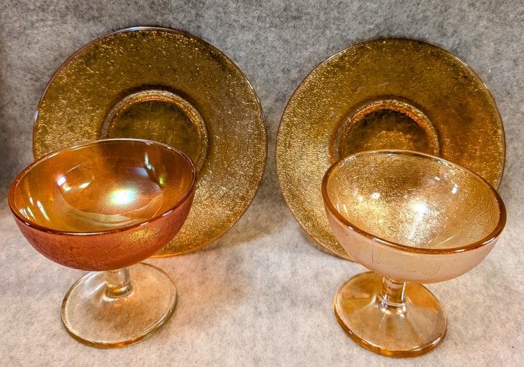 Jeanette Glass Set 2 Carnival Crackle Marigold Sherbet Glasses &  2 Saucers 